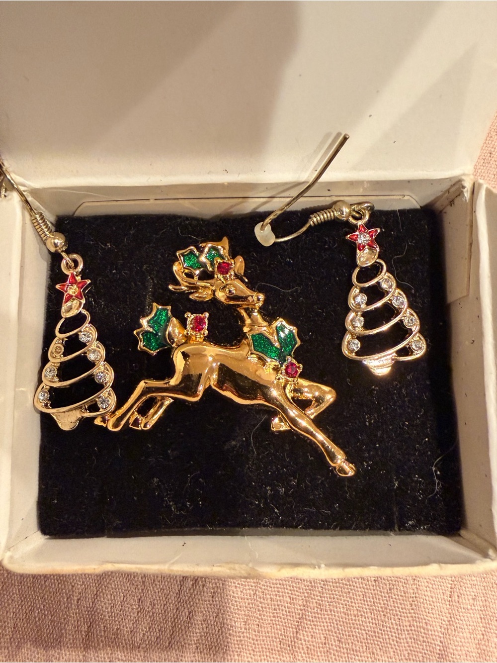 Avon Gold-tone Reindeer Brooch and Tree Earrings Set - Holiday Jewelry